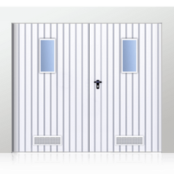 Dvoukř&iacute;dl&aacute; gar&aacute;žov&aacute; vrata s v&yacute;pln&iacute; plechem T-10,vodorovn&aacute; v&yacute;plň, vrata s vodorovn&yacute;m prosklen&iacute;m a kr&aacute;tkou ventilac&iacute;