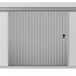 Dvoukř&iacute;dl&aacute; z&aacute;věsn&aacute; posuvn&aacute; vrata vyplněn&aacute; plechem T&ndash;10, syst&eacute;m v&yacute;plně svisl&yacute;