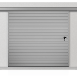 Dvoukř&iacute;dl&aacute; z&aacute;věsn&aacute; posuvn&aacute; vrata vyplněn&aacute; plechem T&ndash;10, syst&eacute;m v&yacute;plně vodorovn&yacute;